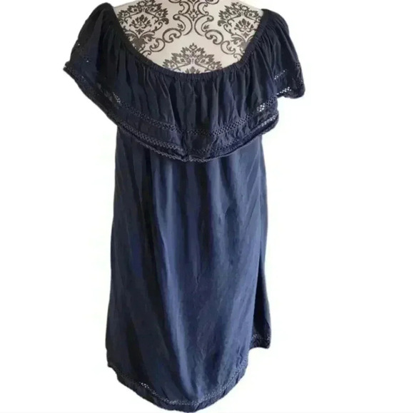 Aritzia Wilfred Emmie Dress Navy Blue Broderie Off Shoulder Ruffle Women's Small - Picture 4 of 12